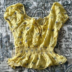 Dolls Kill Women’s Floral Tie Front Blouse Yellow and Blue Size S